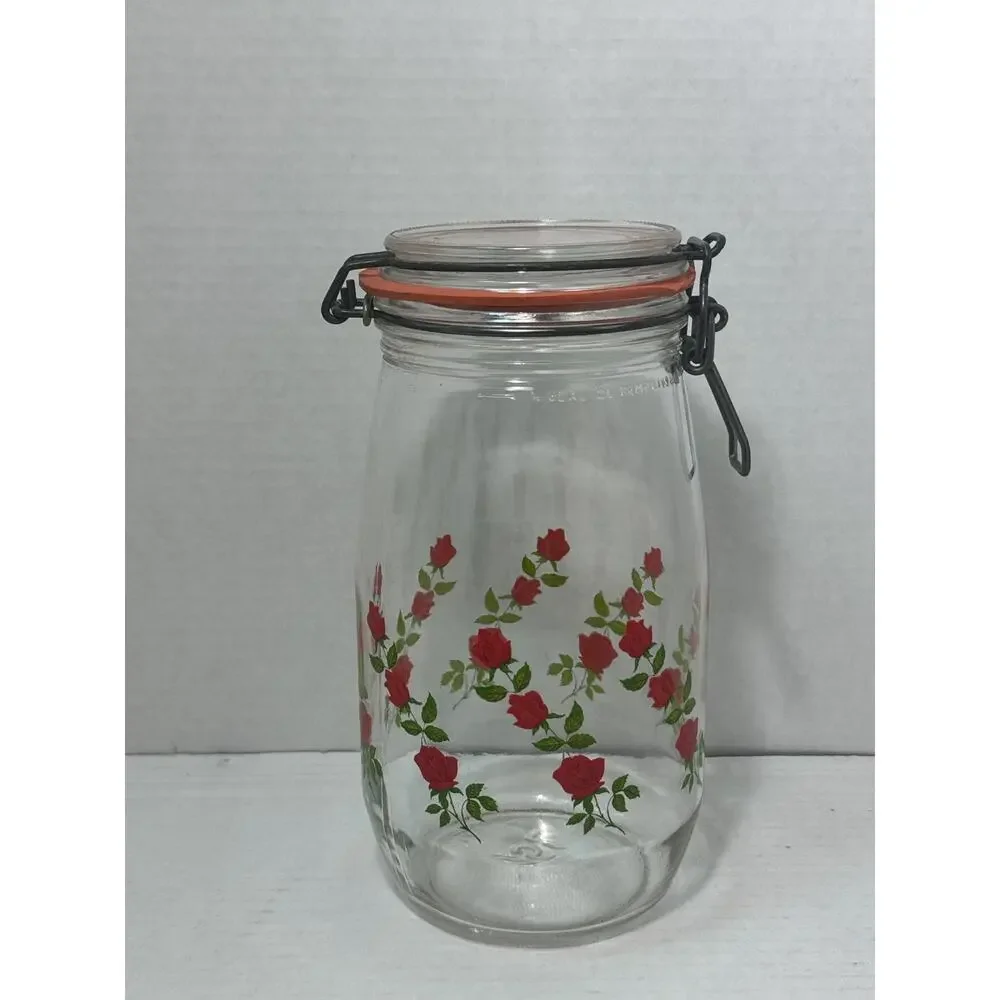 Vintage ARC Red Roses / Flowers Jar / Cannister Made in France 1.5 L
